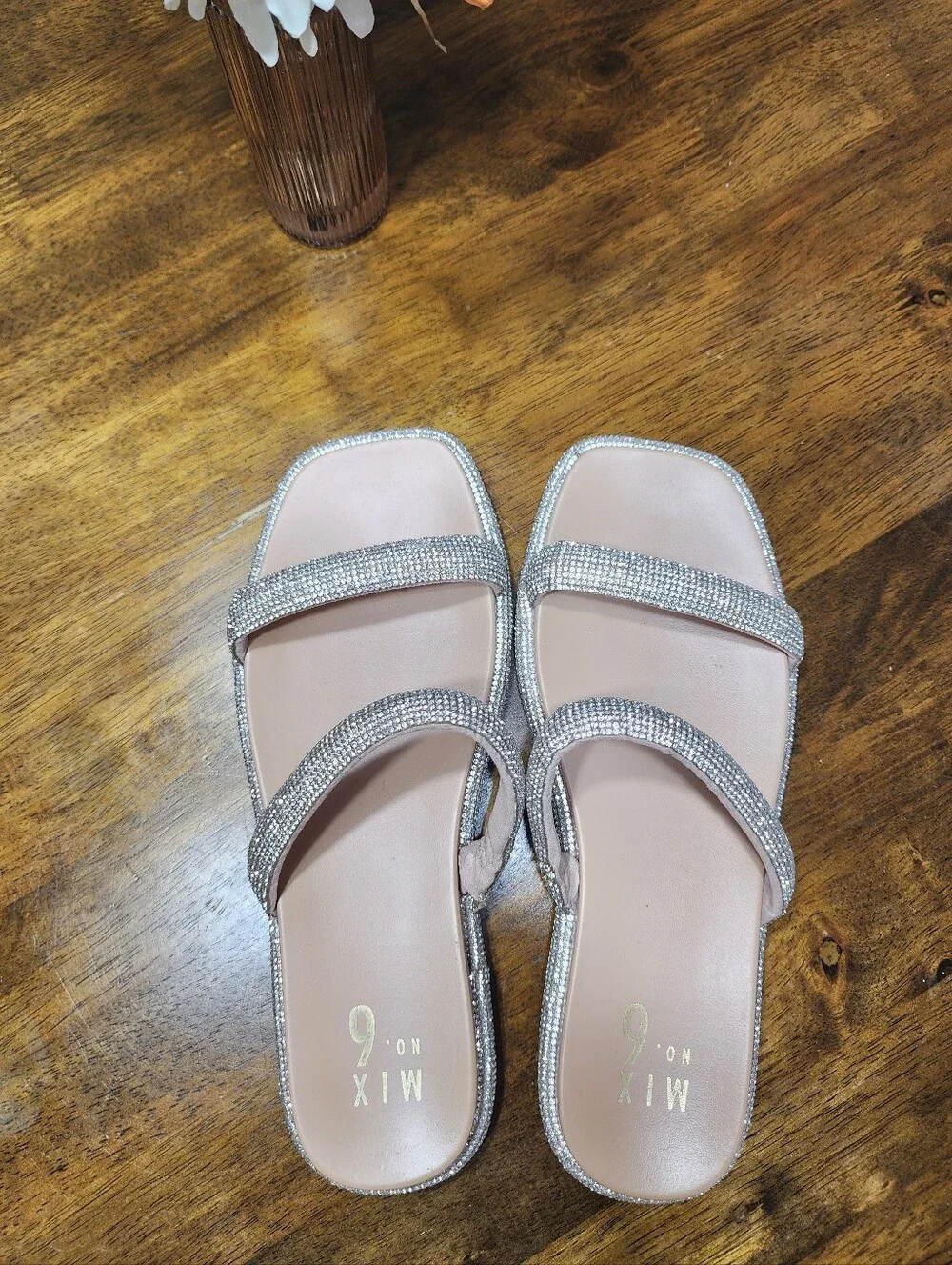 Marsaaki Rhinestone Double Strap Flat Slide Sandals